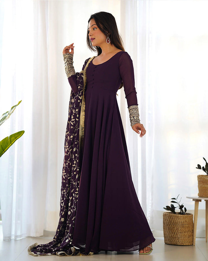 Wine Color Soft Georgette With Heavy Embroidery Work Dupatta Anarkali Suit  - By Qivii