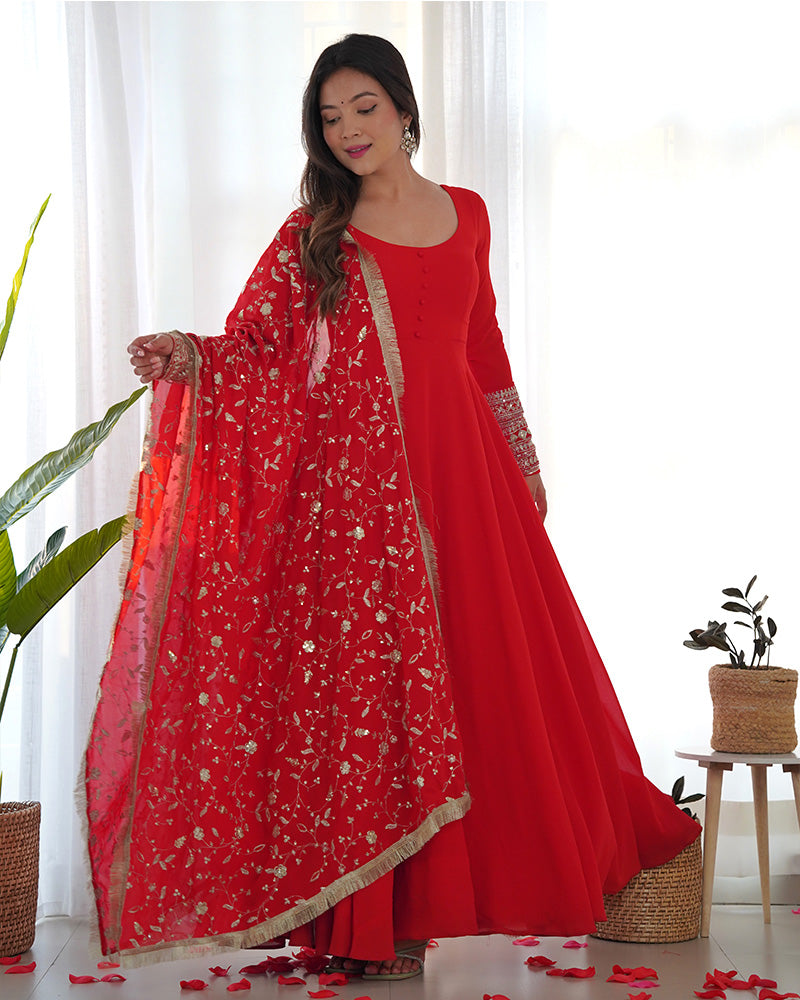 Red Color Soft Georgette Anarkali Gown With Heavy Embroidery Work Dupatta  - By Qivii