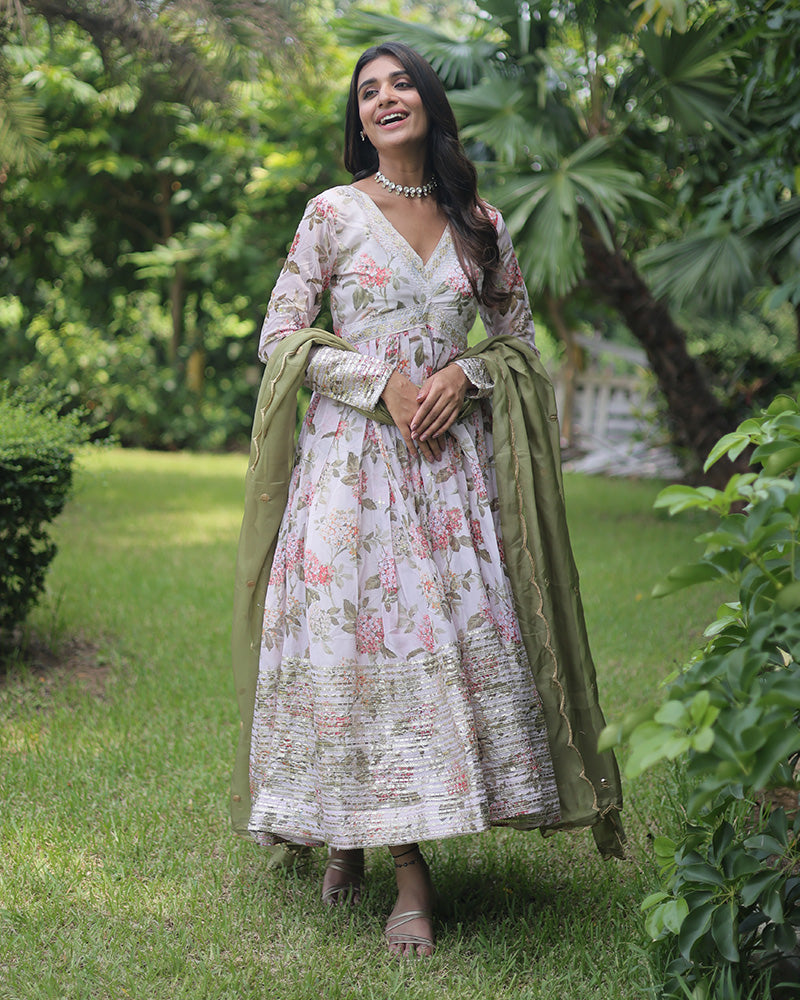 Wedding Wear Floral Embroidered Off White Color Alia Cut Gown With Dupatta  - By Qivii