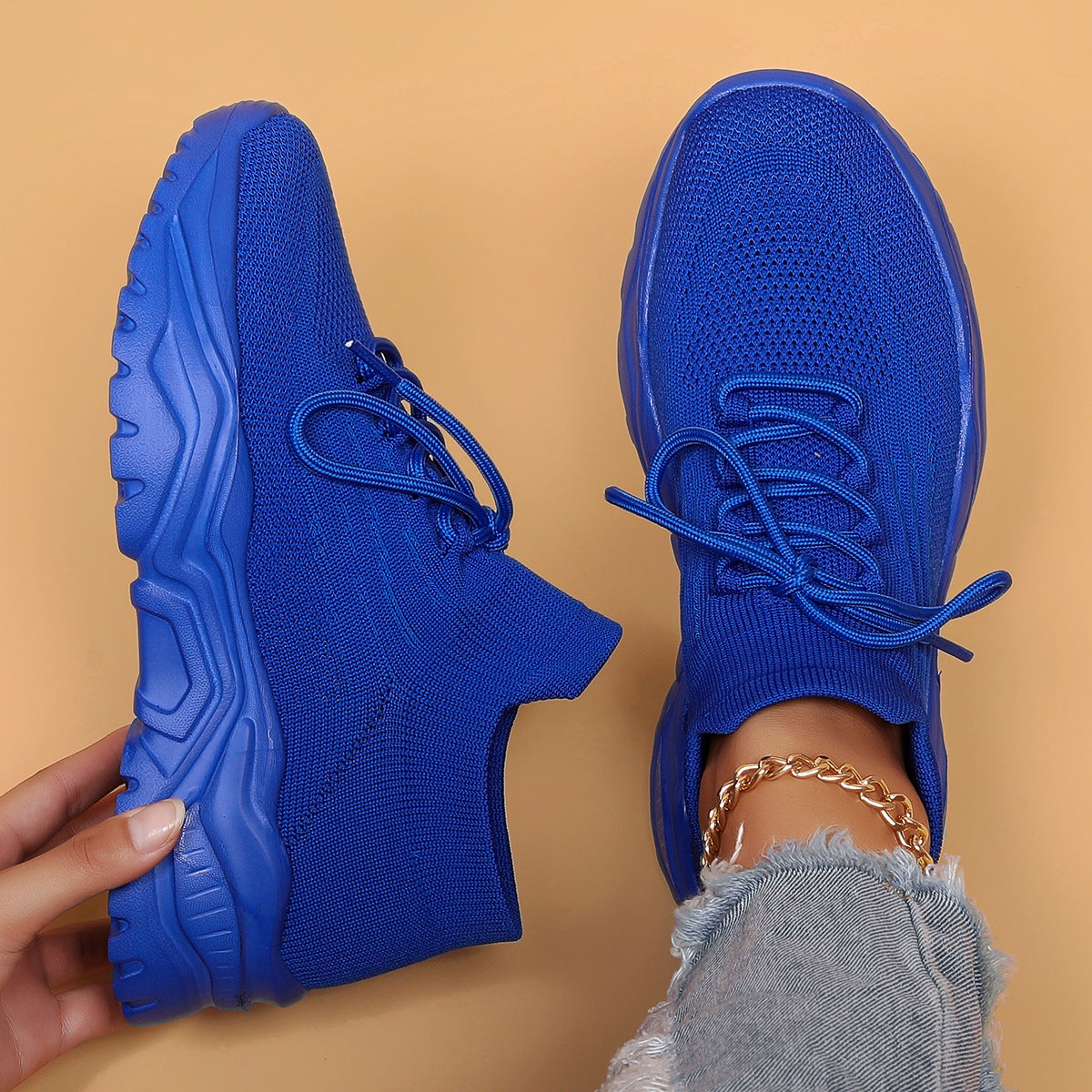 Women's Nyvelle Knit Sock Sneakers - Breathable Lace-Up Mesh Shoes with Chunky Ridged Sole (US 4-11)