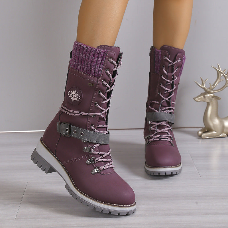 Women's Nordic Knit Combat Boot - High-Shaft Thermal Cotton Lined Snow Boots with Block Heel & Leather Accents Design (US 5-10.5)