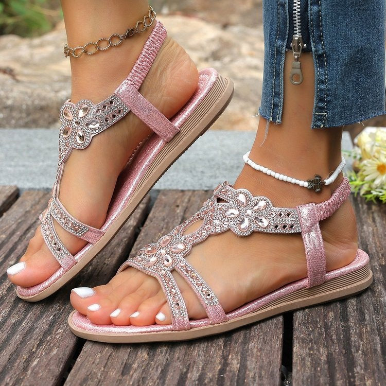 Women's Vesper Woven Bohemian Rhinestone Flat Sandals - Artisan Round-Toe Summer Sandals (US 4-10.5)