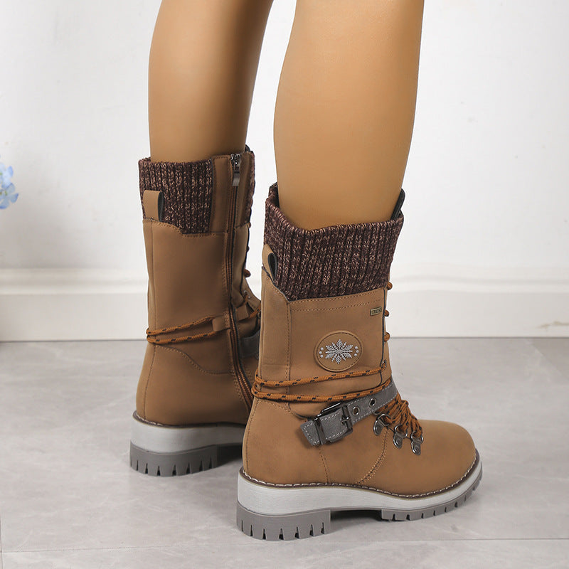 Women's Nordic Knit Combat Boot - High-Shaft Thermal Cotton Lined Snow Boots with Block Heel & Leather Accents Design (US 5-10.5)