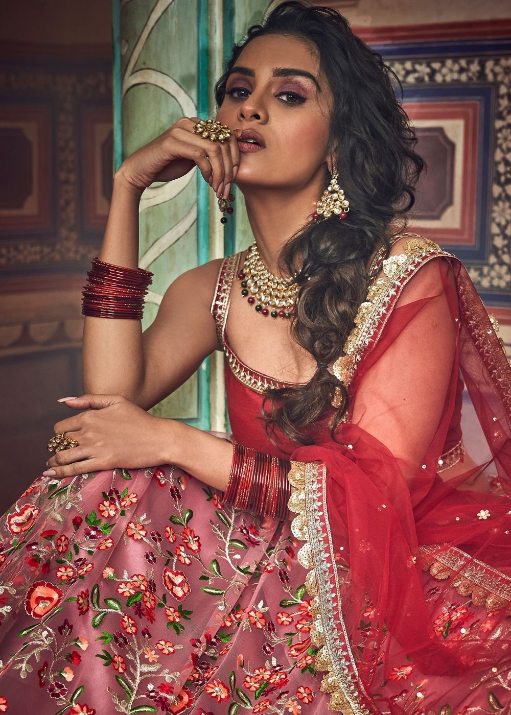 Persian Red Soft Net Lehenga with Thread & Zari work | Ready To Wear - qivii