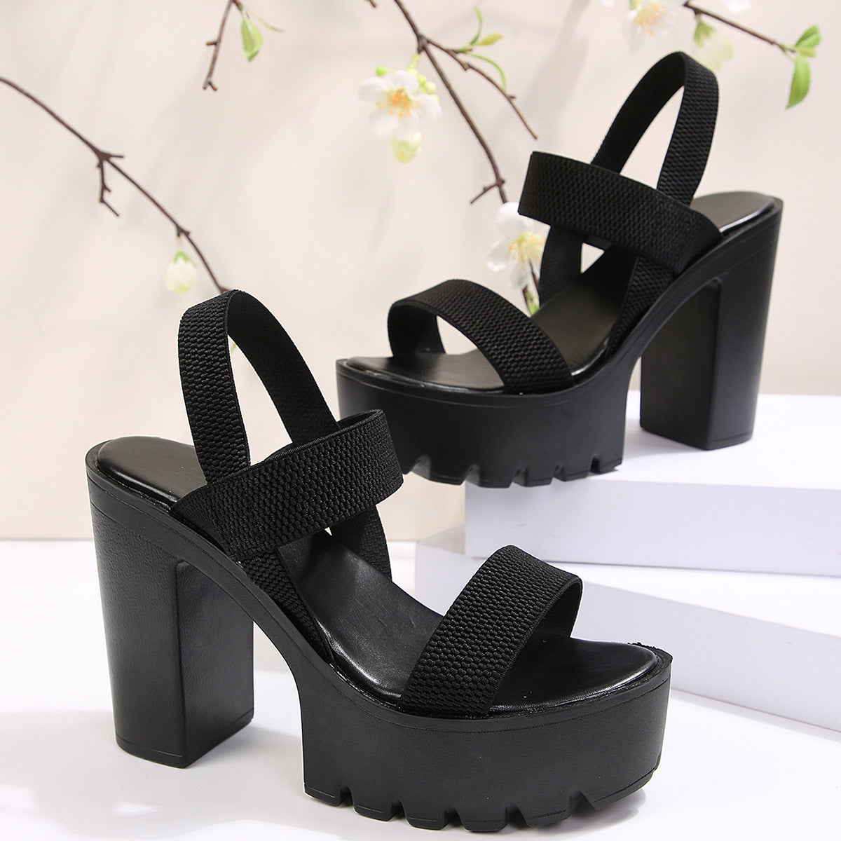 Women's Aveline One-Band Ultra-High Chunky Platform Slide Sandals – Elastic Back Strap Slip-On Heels (US 4–10.5)