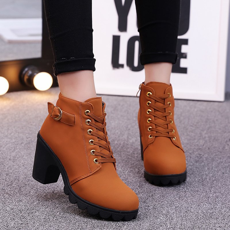 Women's Buckle Decorated Chunky Heel Ankle Boots - Side Zipper & Lace-Up Round Toe Mid-Calf Equestrian Boots (US 4-10)