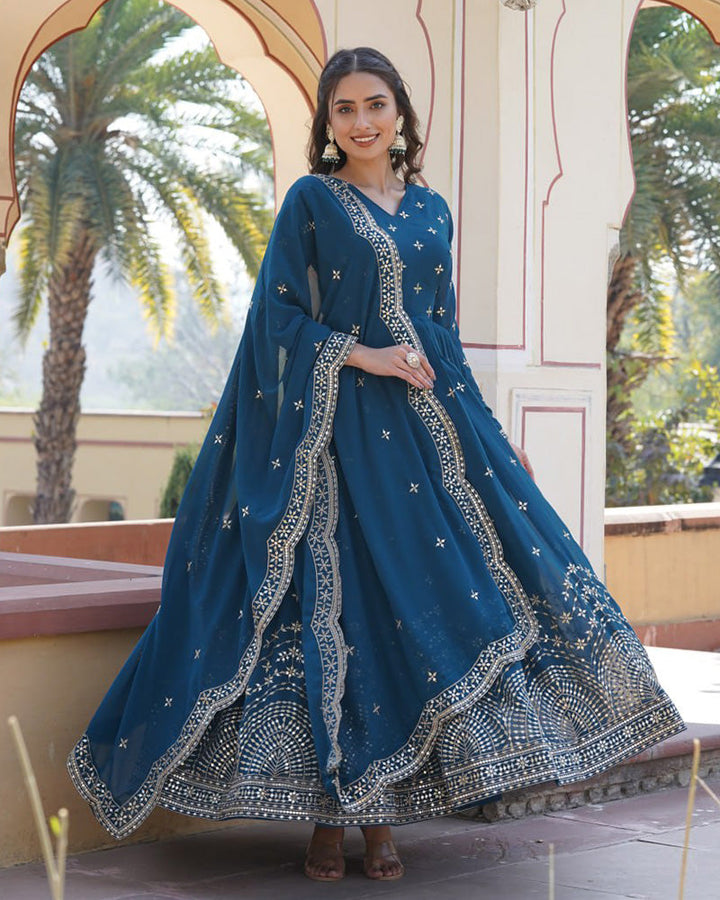 Rama Color Full Flair Anarkali Gown With Embroidered Dupatta  - By Qivii