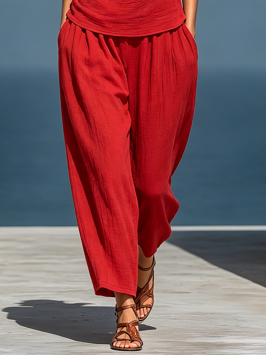 Women’s RedTwo-Piece Set: Asymmetrical One-Shoulder Top (Without Neck Scarf) & Wide-Leg Pants With Pockets MDZ2201D4T