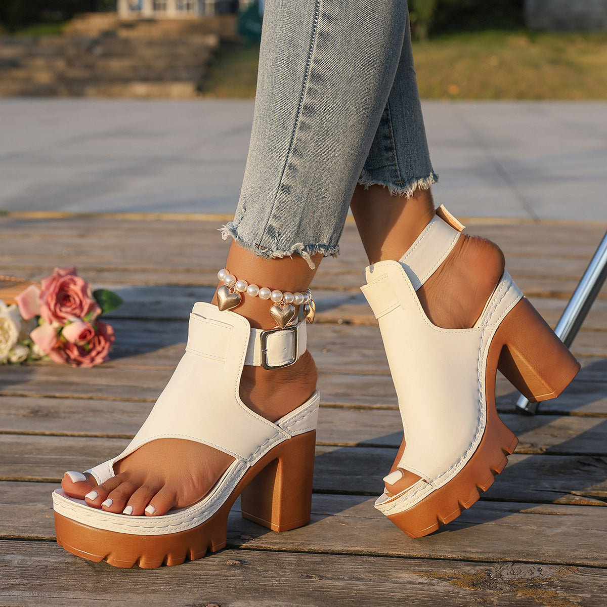 Women's Capri Peep-Toe Toe Ring Platform Chunky Sandals – Buckle Strap Ultra-High Heel Beach Slides (US 5–10.5)