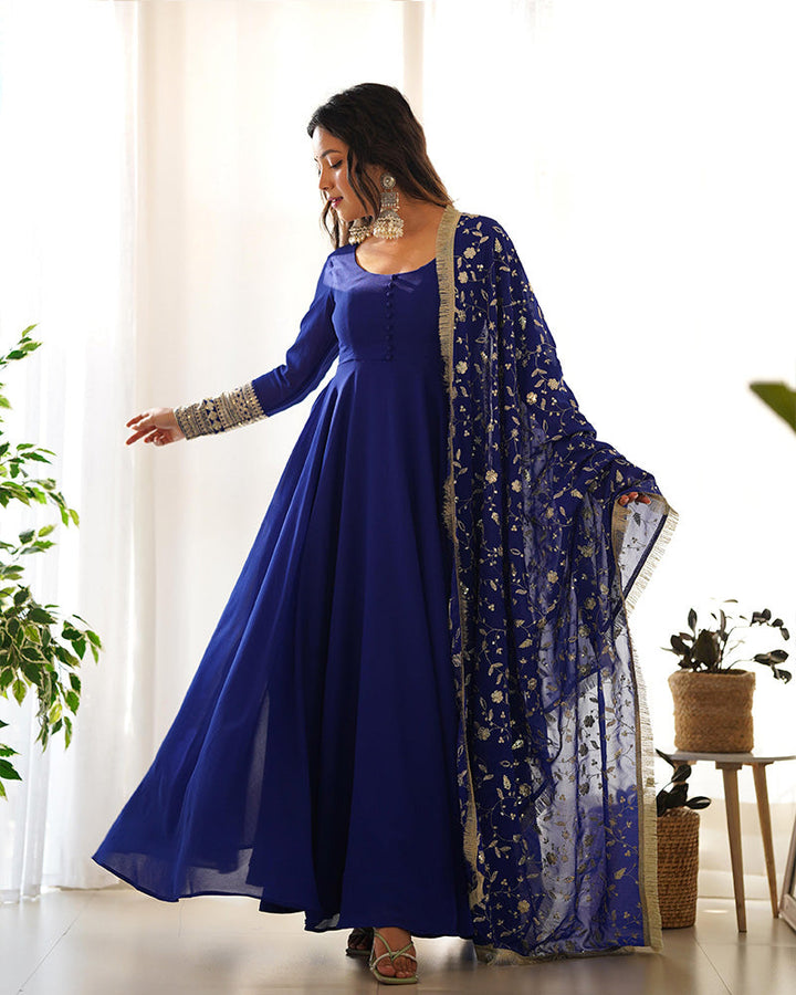 Royal Blue Color Soft Georgette With Heavy Embroidery Work Dupatta Anarkali Suit  - By Qivii