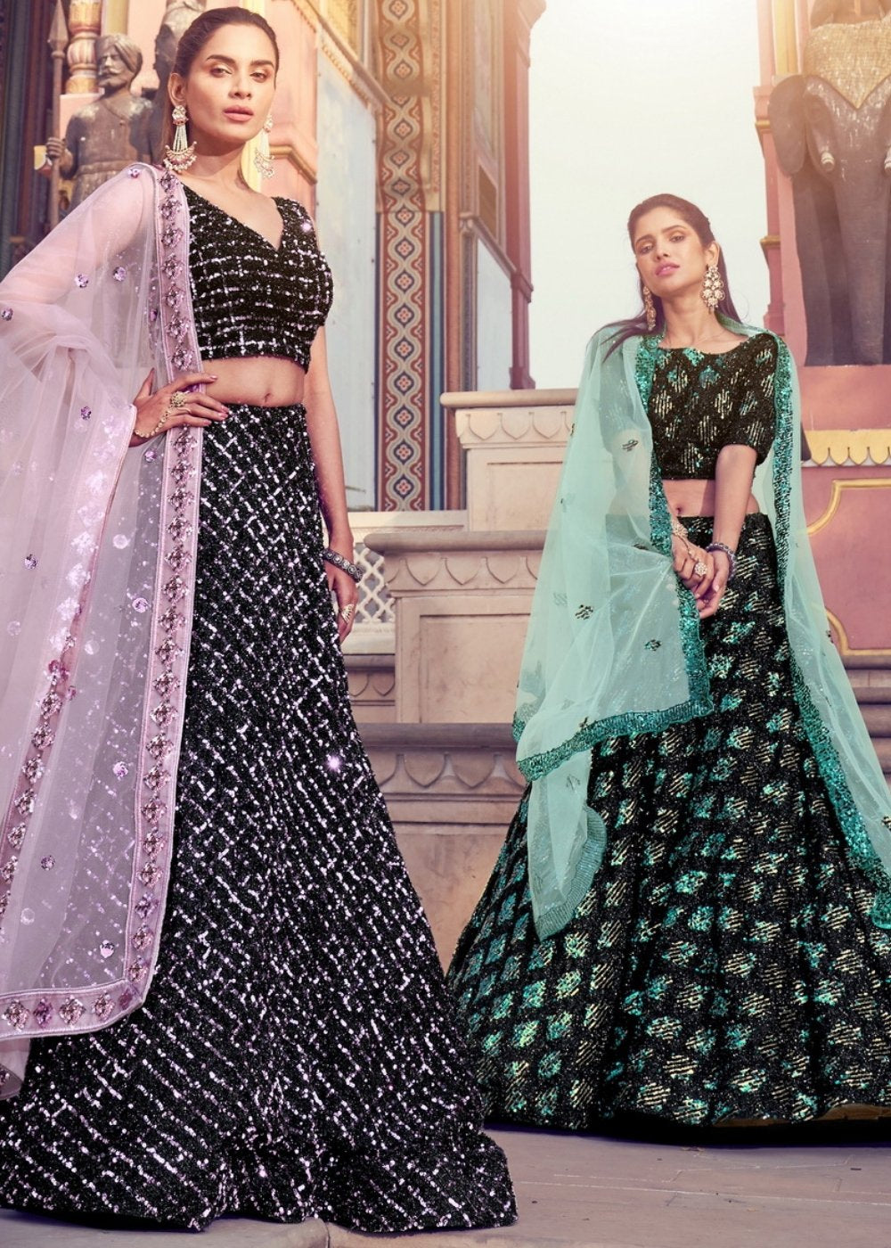 Black & Green Designer Lehenga Choli with Sequins work | Ready To Wear - qivii