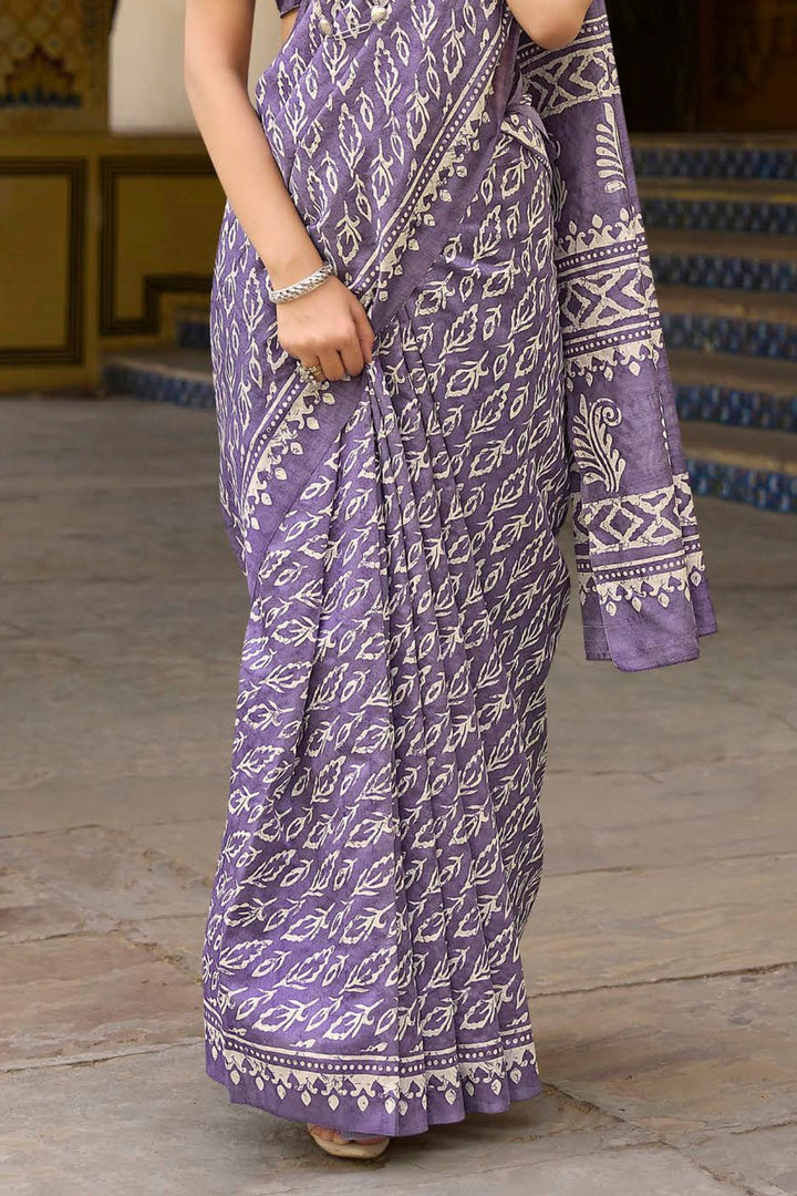 Glossy Grape Purple Handblock Printed Saree