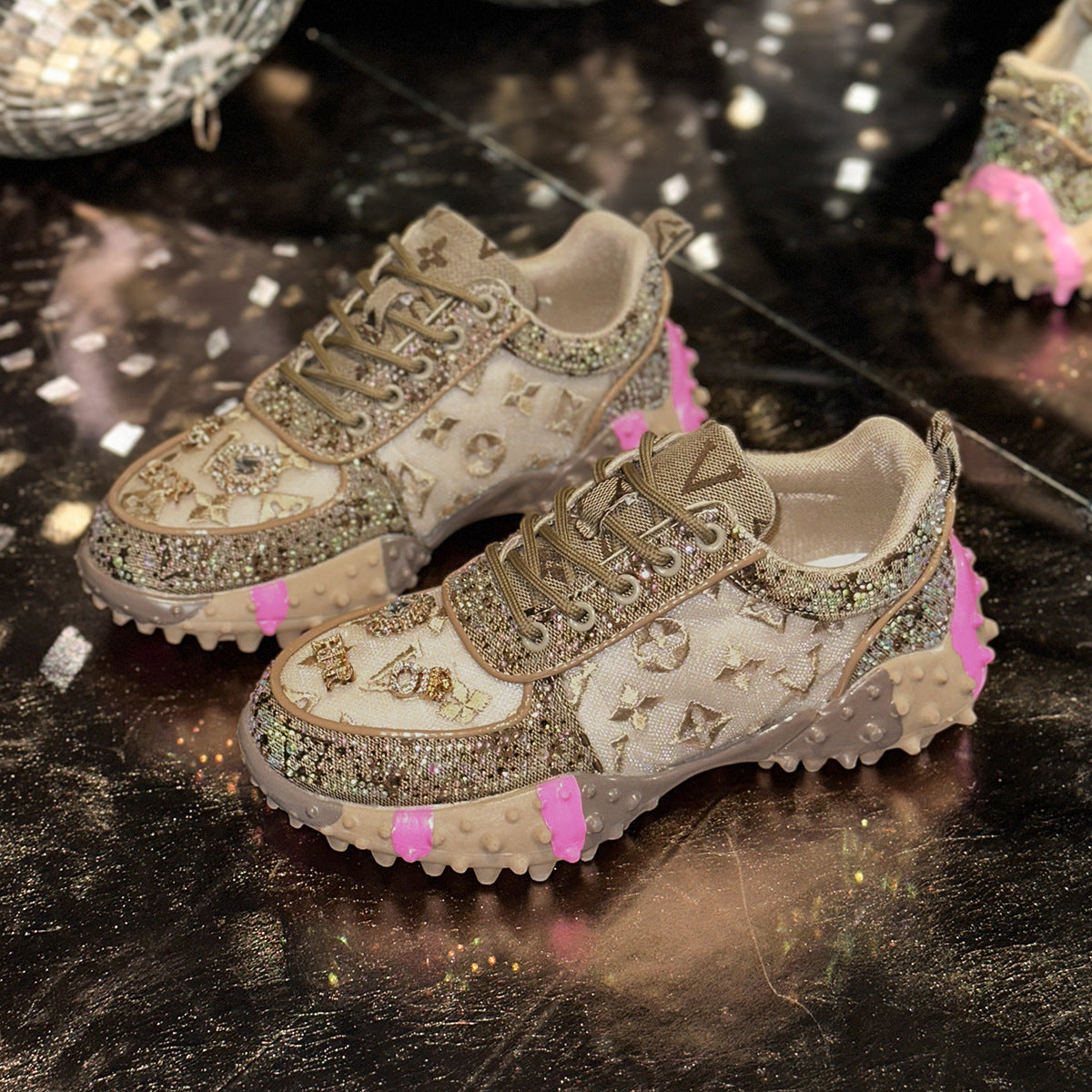 Women’s Lumira Embroidered Letter Mesh Platform Sneakers – Rhinestone Detail Chunky Sole Light Luxury Fashion Sneakers (US 4–10.5)