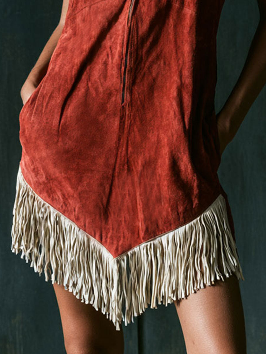 Western Retro Tassel Red Faux Suede Sleeveless Mini Dress