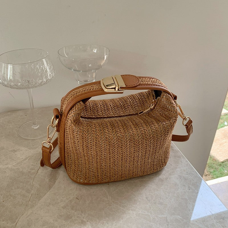 Women's Raffia Convertible Bowler — Summer Arc-Shoulder Bag with Artisan Woven Detailing