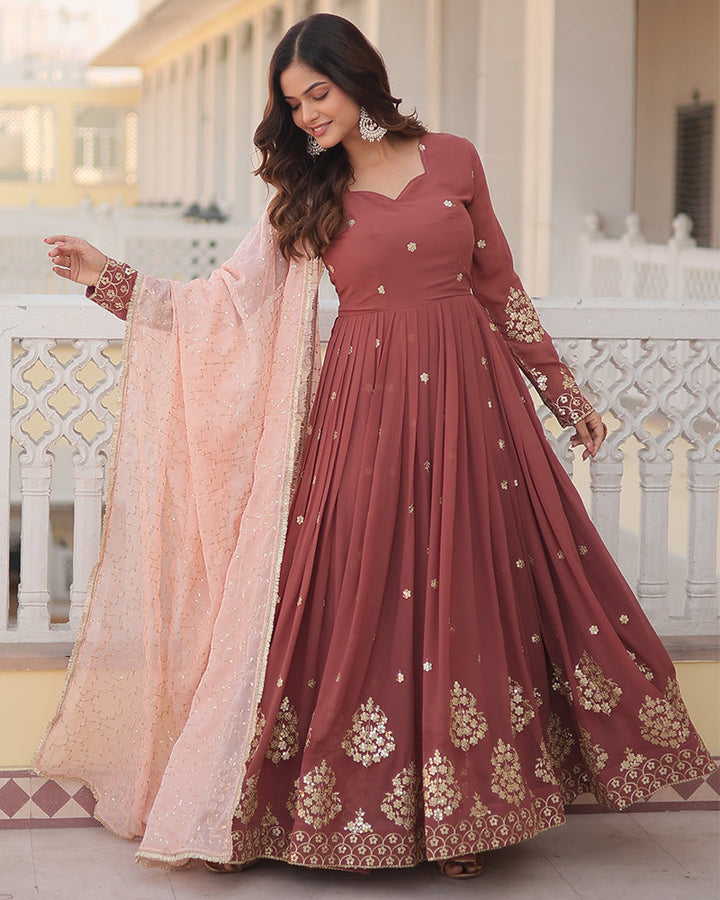 Chocolate Color Full Floor Length Anarkali Gown With Sequence Embroidery Dupatta  - By Qivii