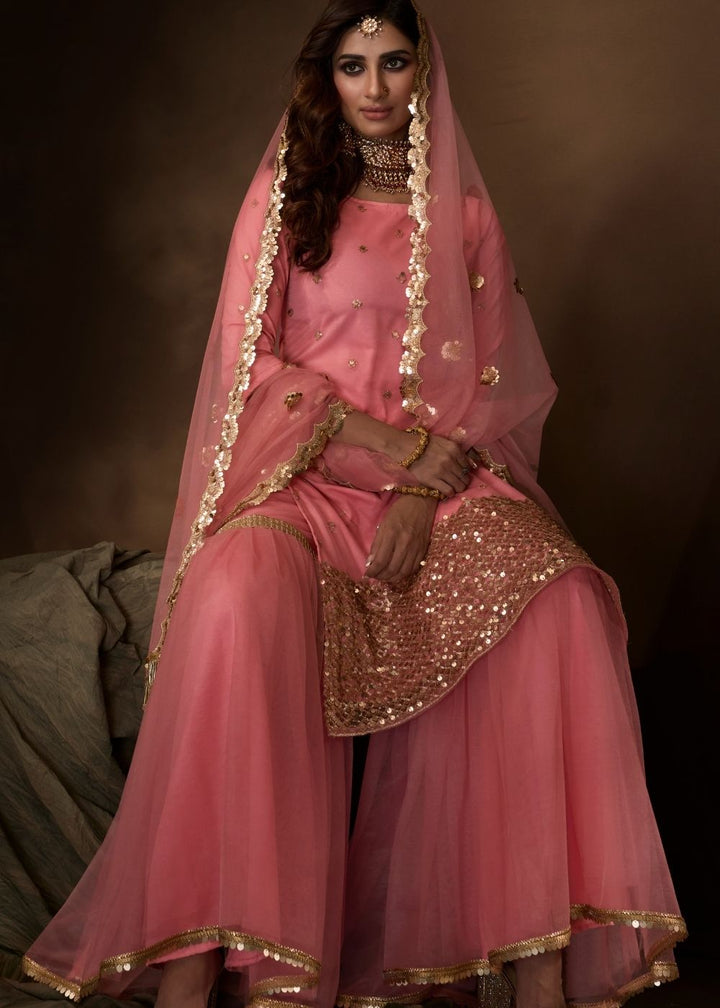 Coral Pink Designer Soft Net Sharara Suit with Sequin, Thread and Dori work By Qivii