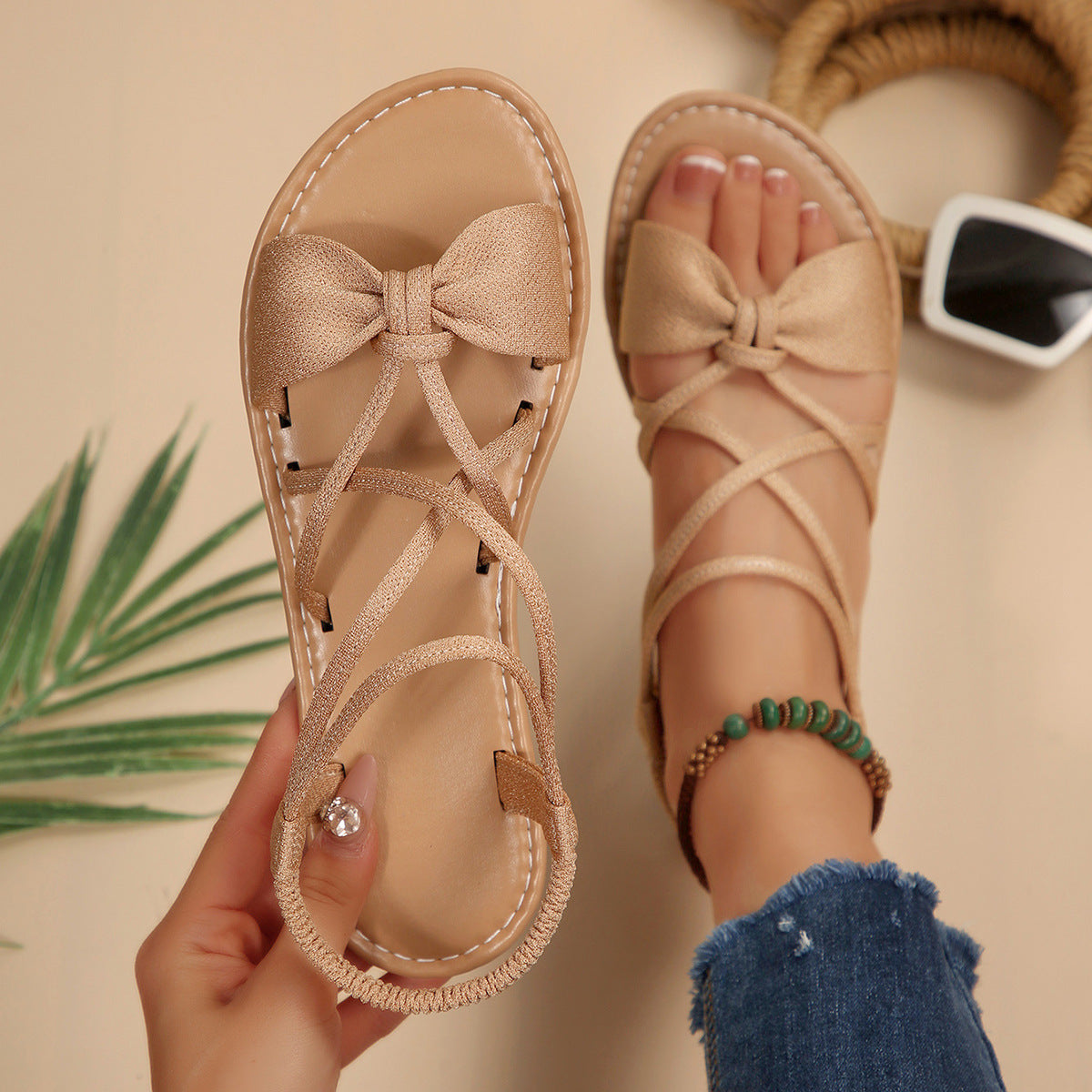 Women's Vela Bow Flat Sandals - Soft Sole Elastic Strap Summer Sandals (US 5-10.5)