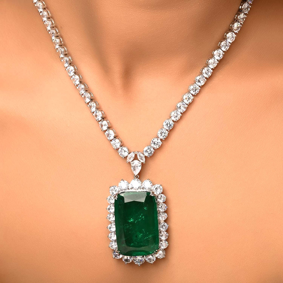 Natasha Emerald American Diamond Pendant Set With Diamond String