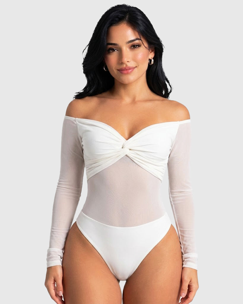 Off Shoulder Twist Front Mesh Long Sleeve Bodysuit  - By Qivii