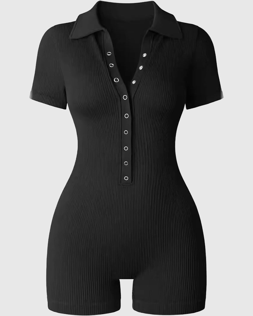 Ribbed Polo Collar Half Snap Front Short Sleeve Bodycon Romper  - By Qivii