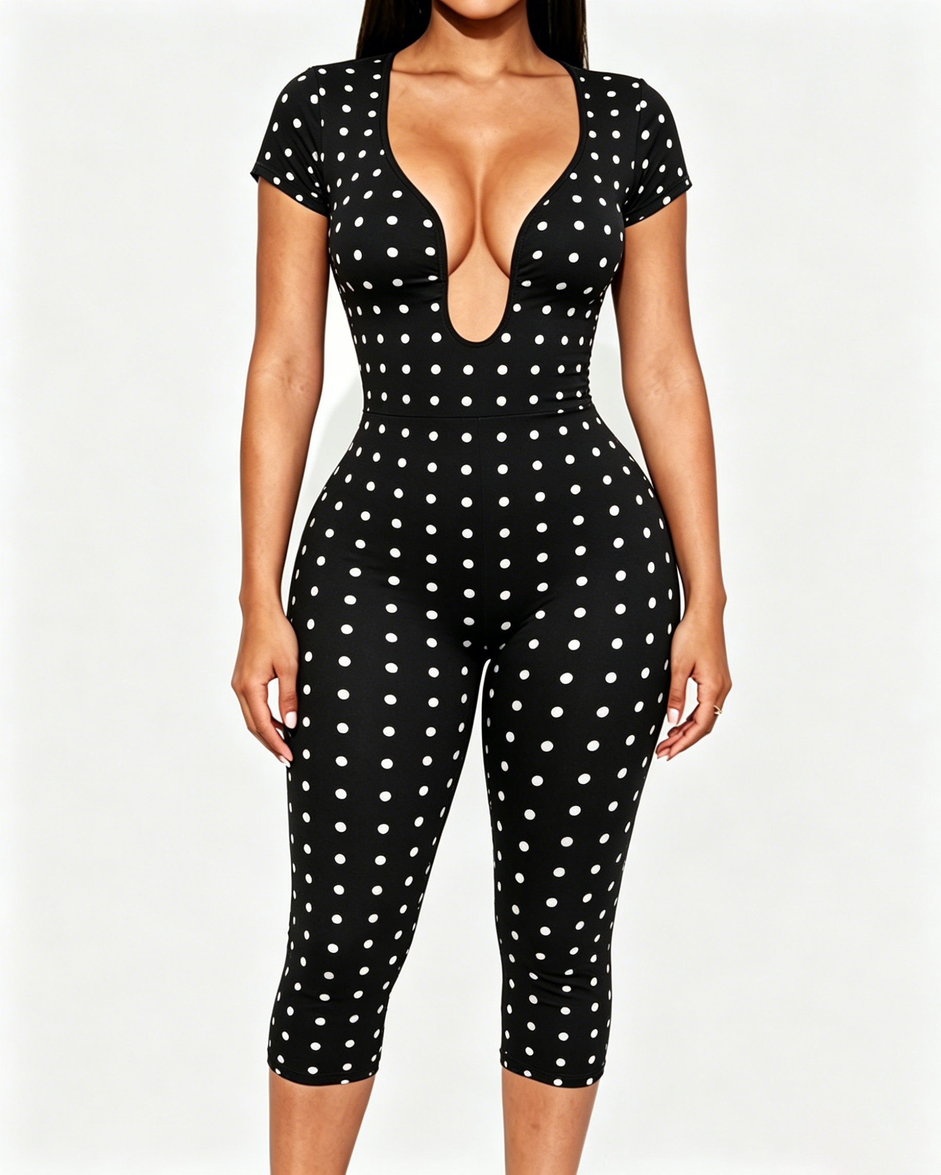 Short Sleeve Plunge Neck Bodycon Capri Jumpsuit with Back Zipper  - By Qivii