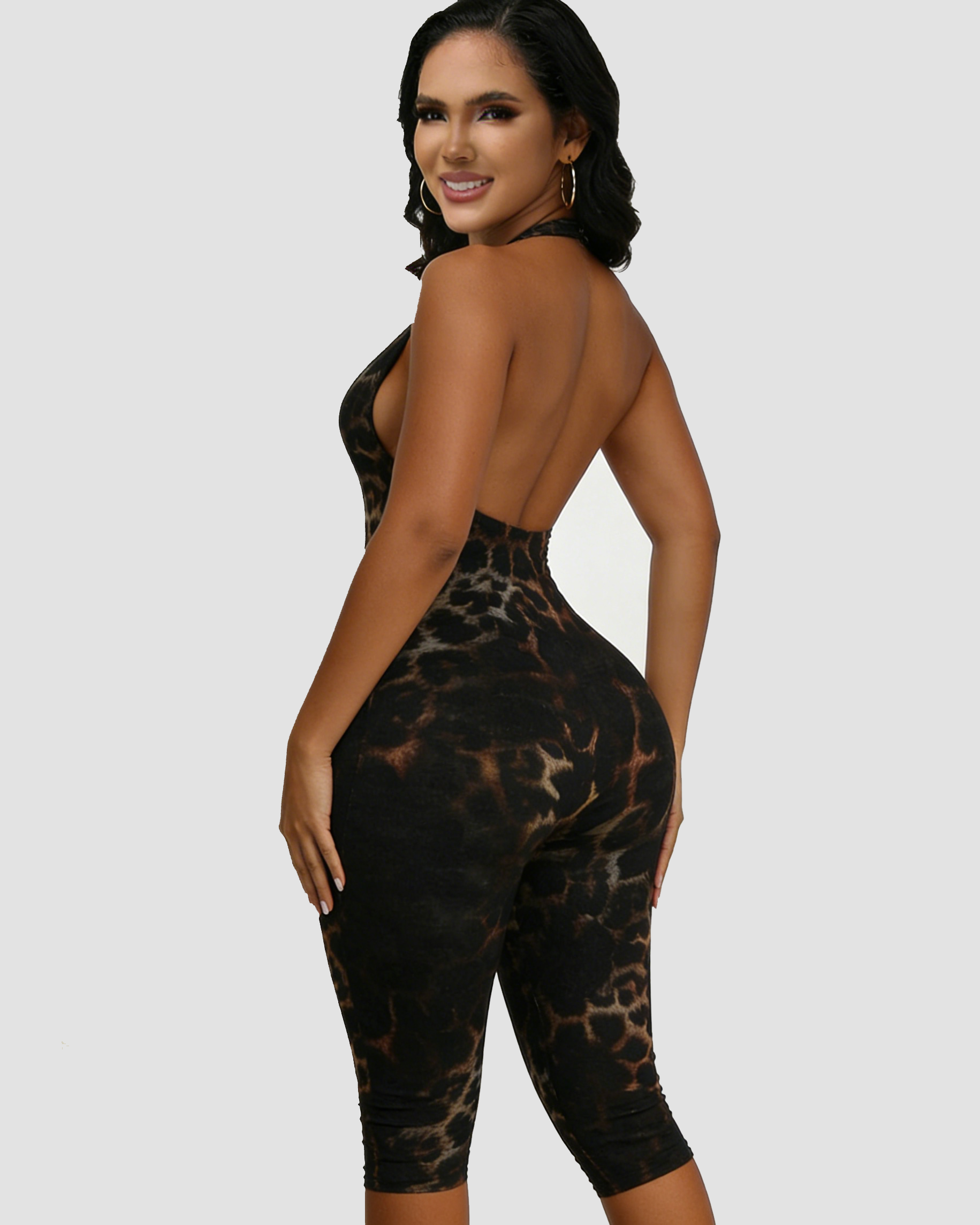 Leopard Print Backless Halter Neck Tight-Fitting Hip-Lifting Jumpsuit  - By Qivii