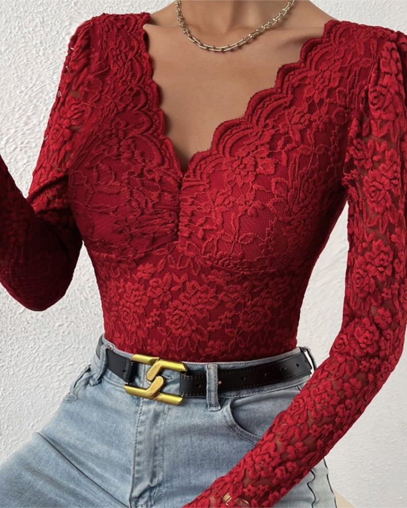 Floral Lace Sheer Long Sleeve Bodysuit V Neck Slim Fit Thong Body Shaper  - By Qivii