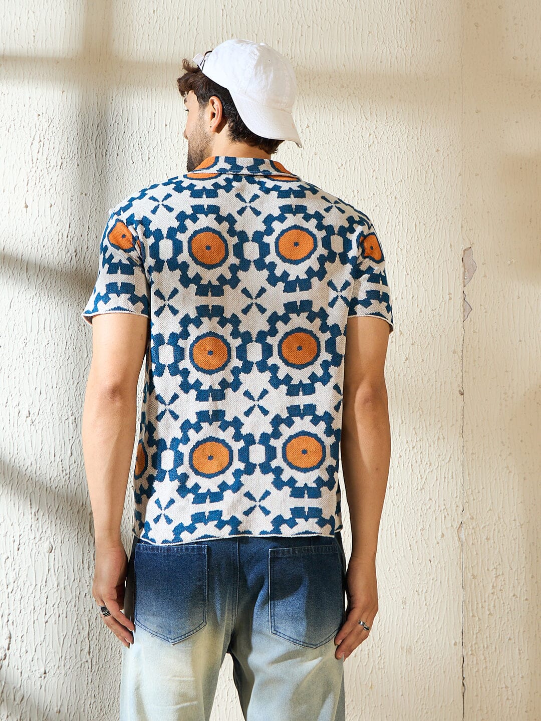 Navy & Orange Symmetrical Graphic Crochet Shirt