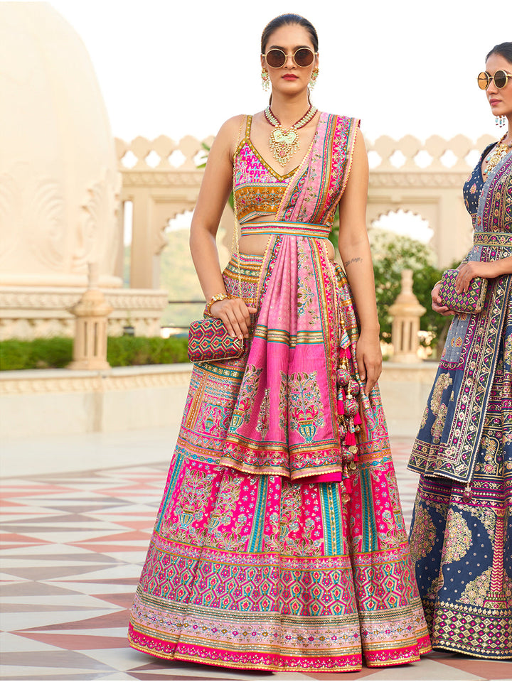 Gorgeous designer lehenga choli in pink silk with sparkling embellishments