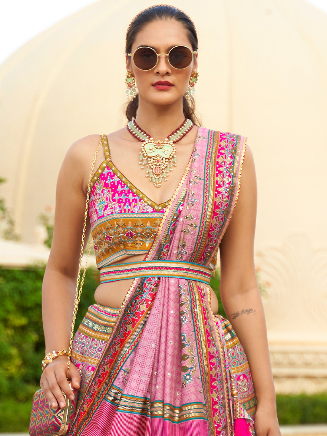 Beautiful pink silk lehenga choli with intricate sparkle and mirror details