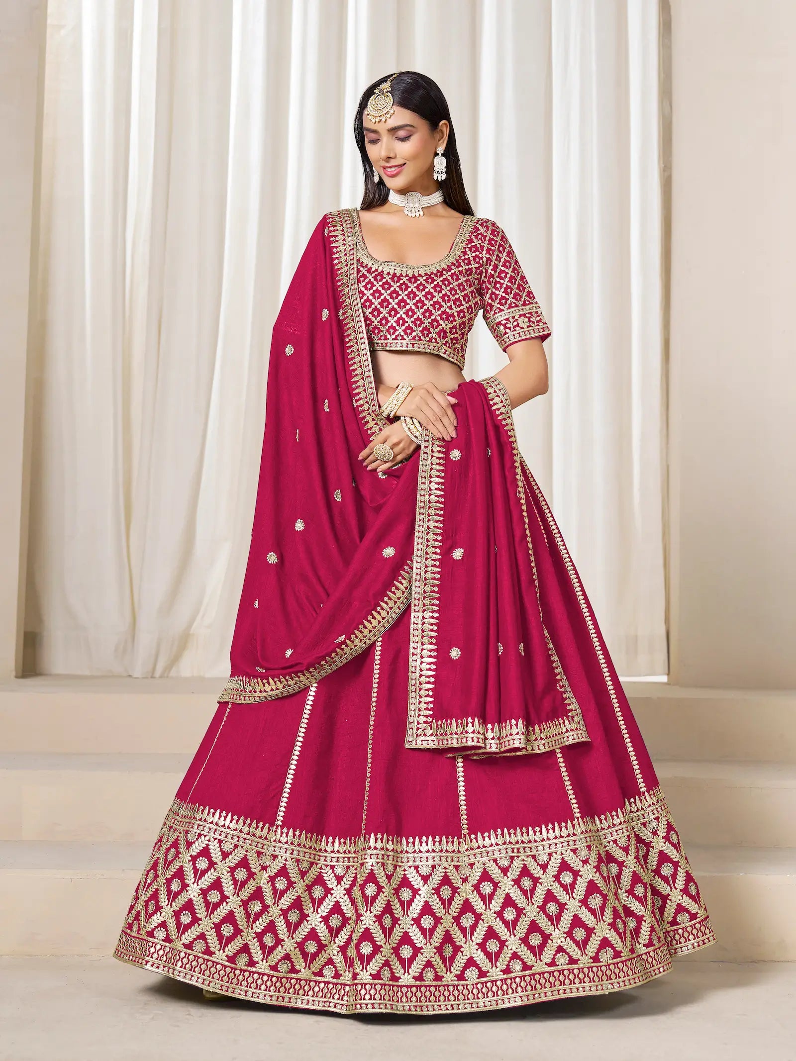 Red Art Silk Embroidery Work Lehenga Choli - qivii