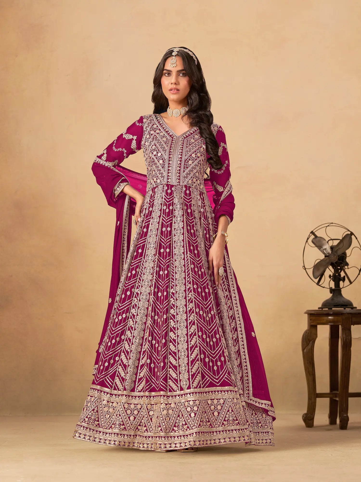 Dark Fuchsia Georgette Embroidery Work Gown