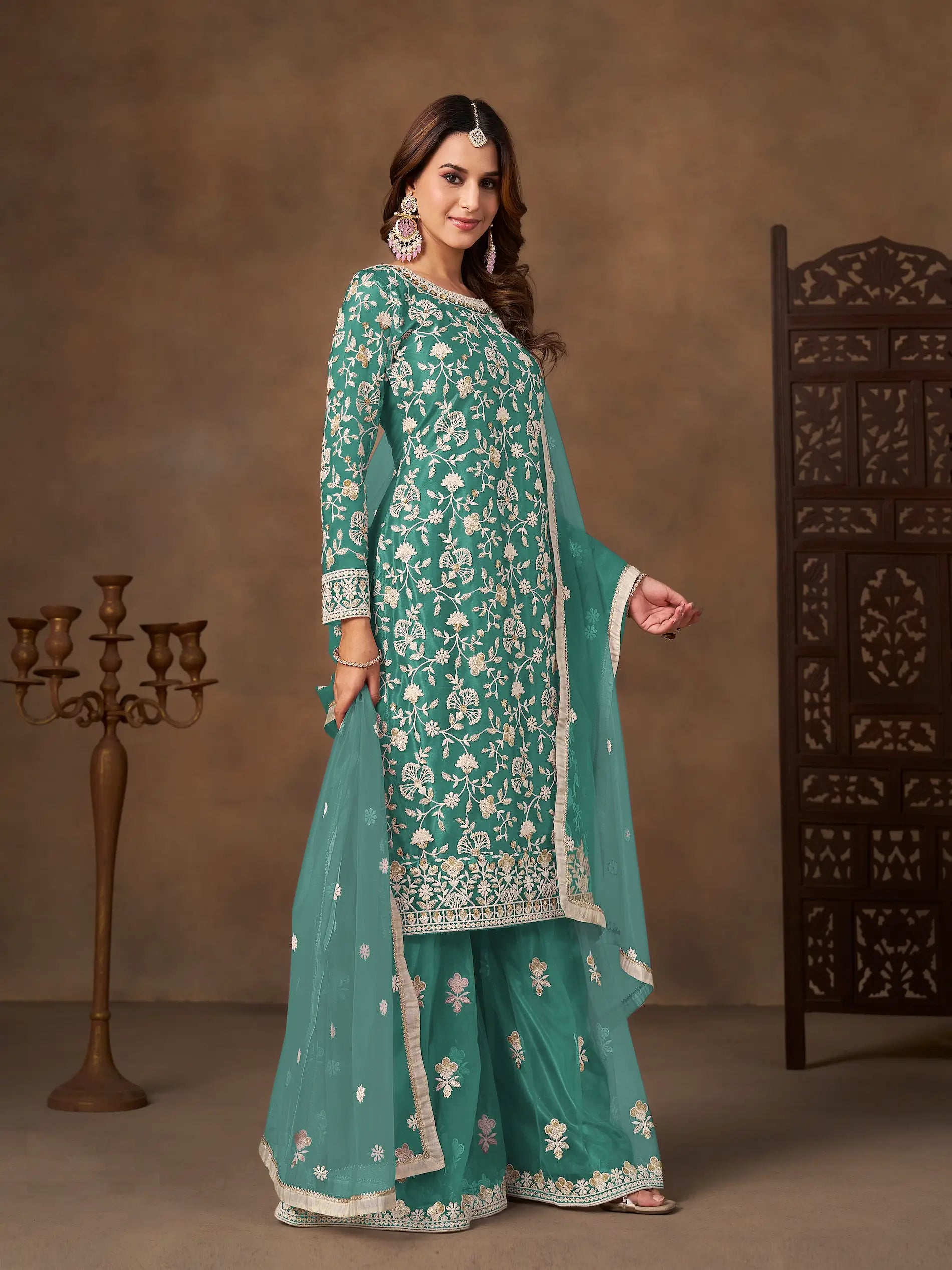 Dusty Teal Net Embroidery Palazzo Suit