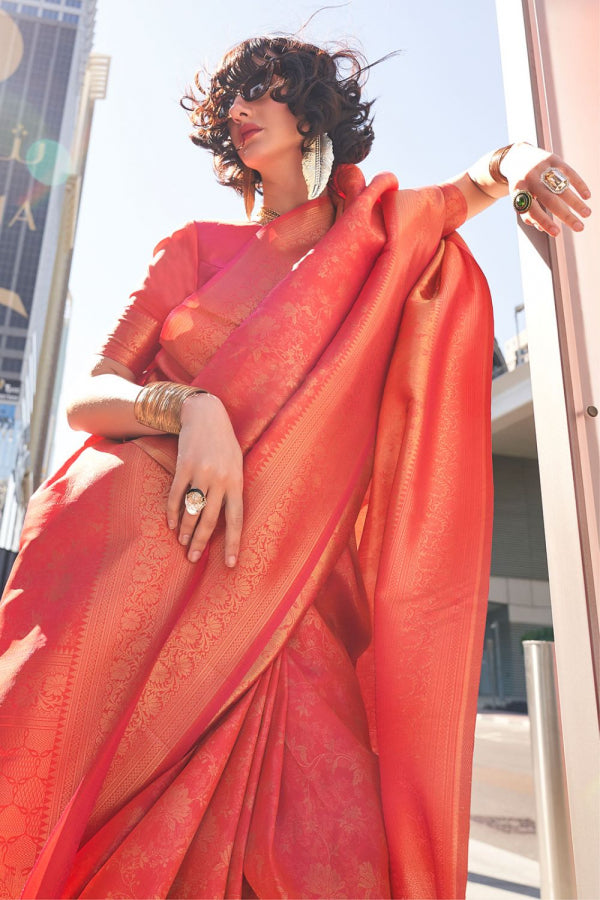 Orange Handloom Weaving Work Saree