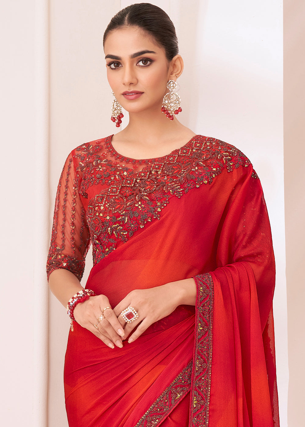 Tart Red Designer Embroidered Shaded Chiffon Saree - qivii