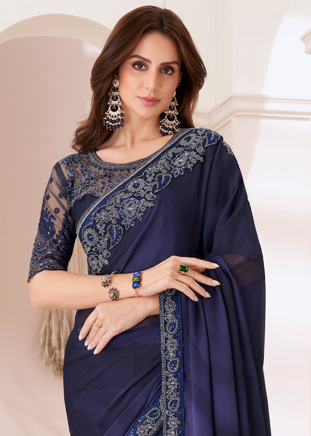  Elegant Indigo Purple Designer Embroidered Shaded Chiffon Saree draped on a mannequin