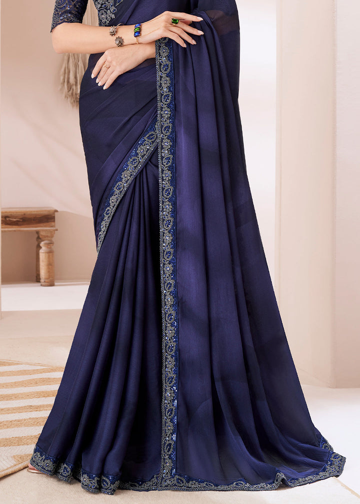  Beautiful Indigo Purple Designer Embroidered Shaded Chiffon Saree with matching blouse piece