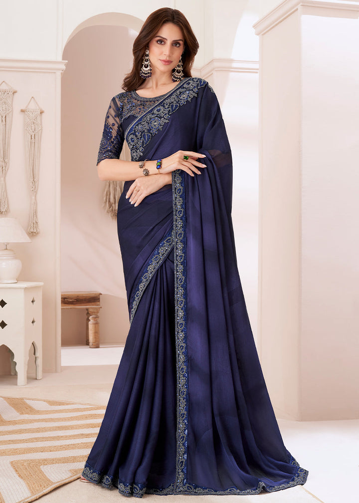 Indigo Purple Designer Embroidered Shaded Chiffon Saree with Floral Patterns and Gold Border