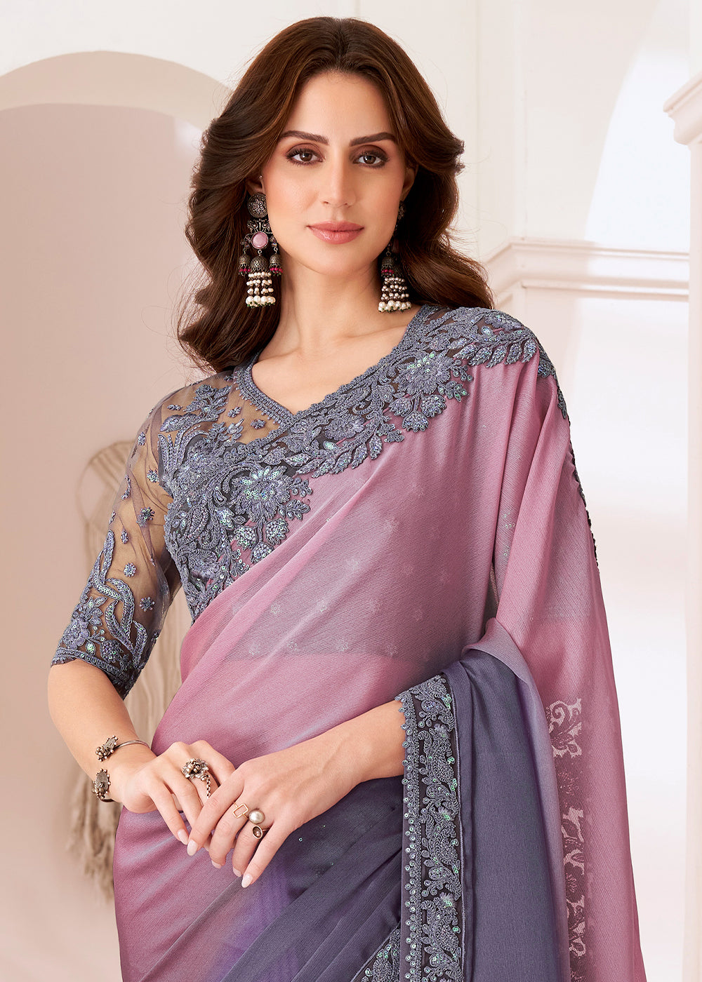 Shades Of Purple Designer Embroidered Chiffon Saree - qivii