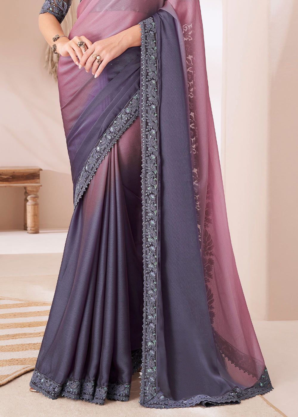 Shades Of Purple Designer Embroidered Chiffon Saree - qivii
