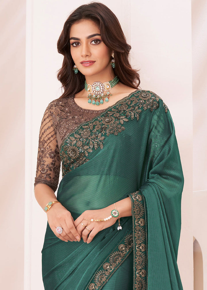 Viridian Green Designer Embroidered Georgette Silk Saree