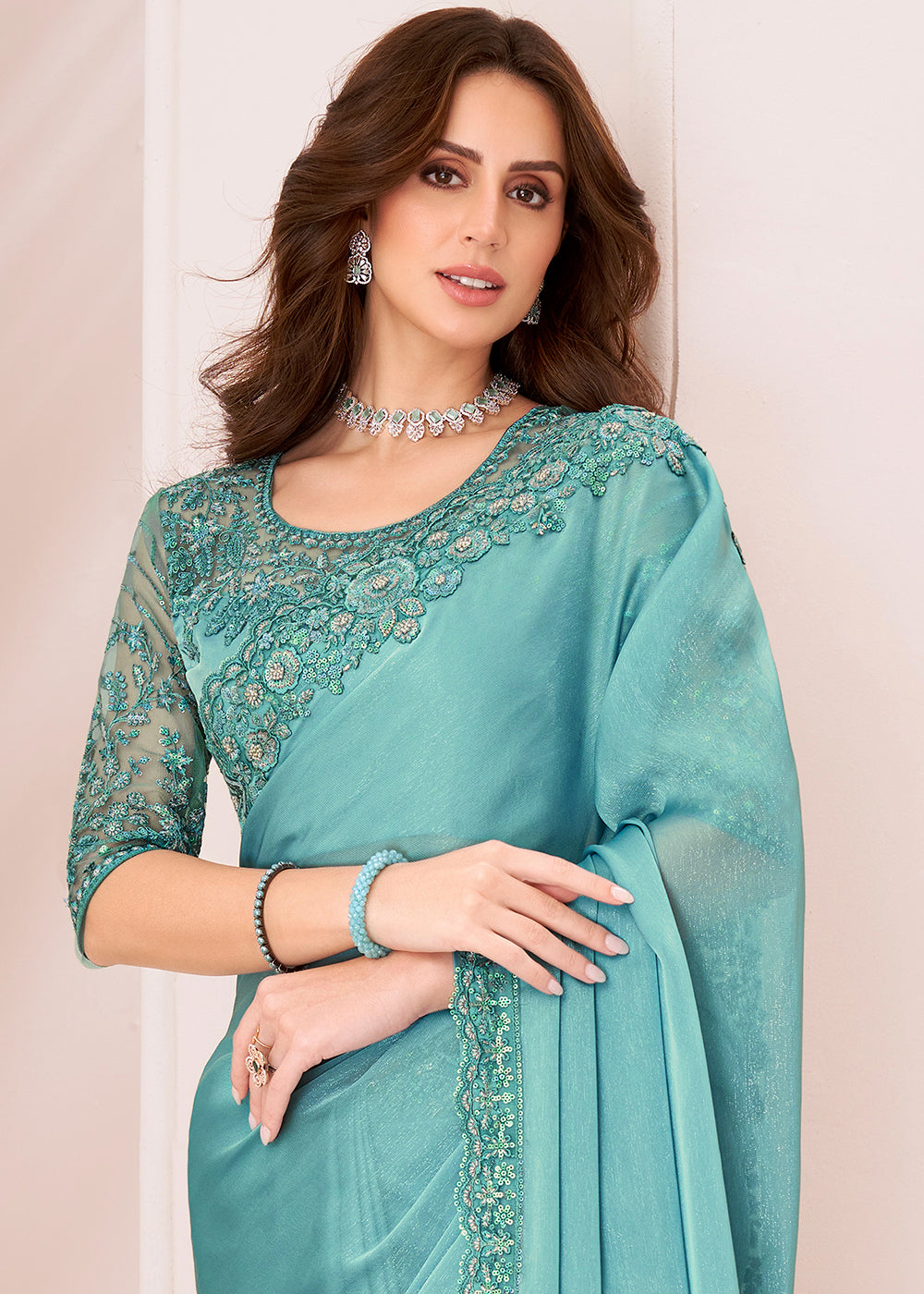 Turquoise Blue Designer Embroidered Georgette Silk Saree - qivii