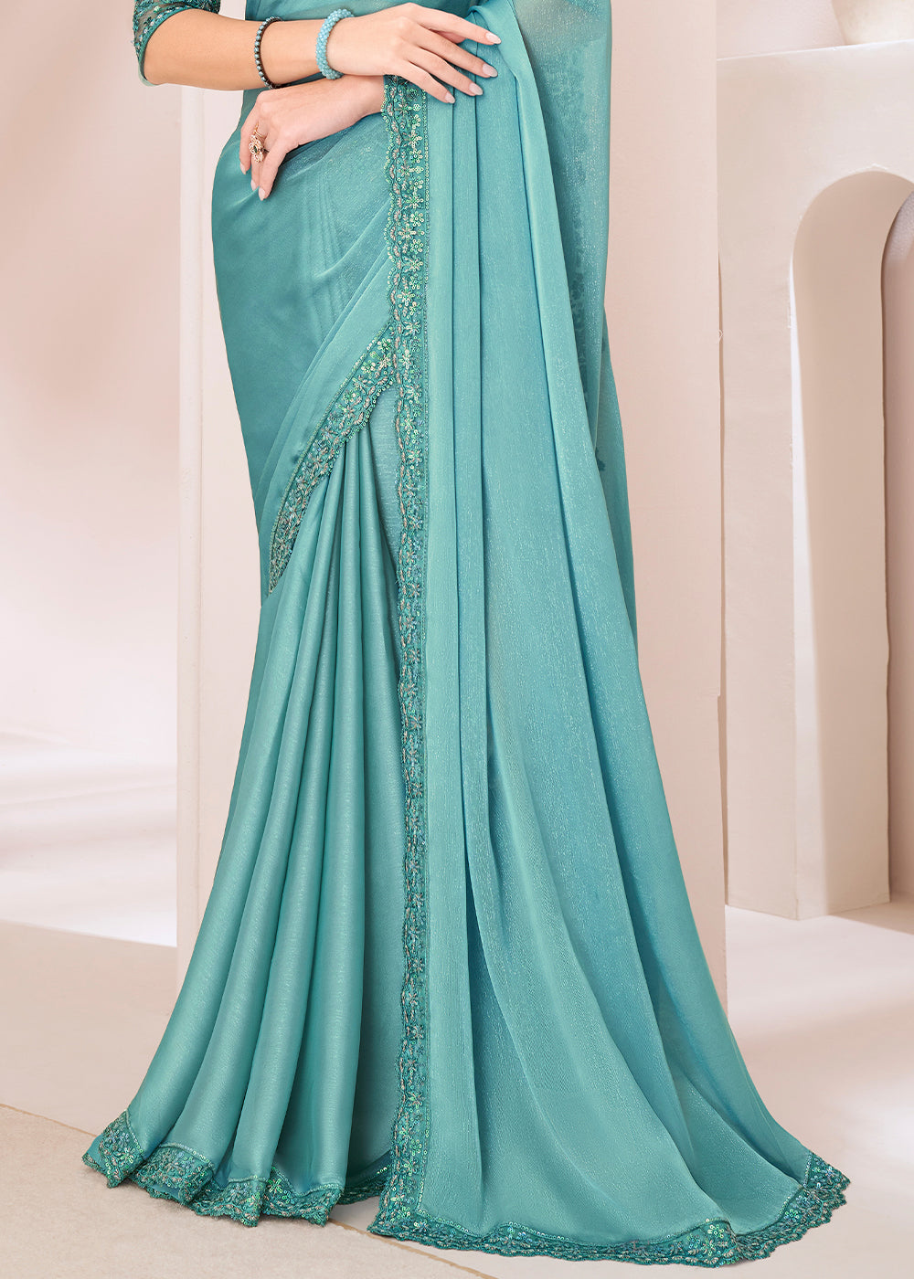 Turquoise Blue Designer Embroidered Georgette Silk Saree - qivii