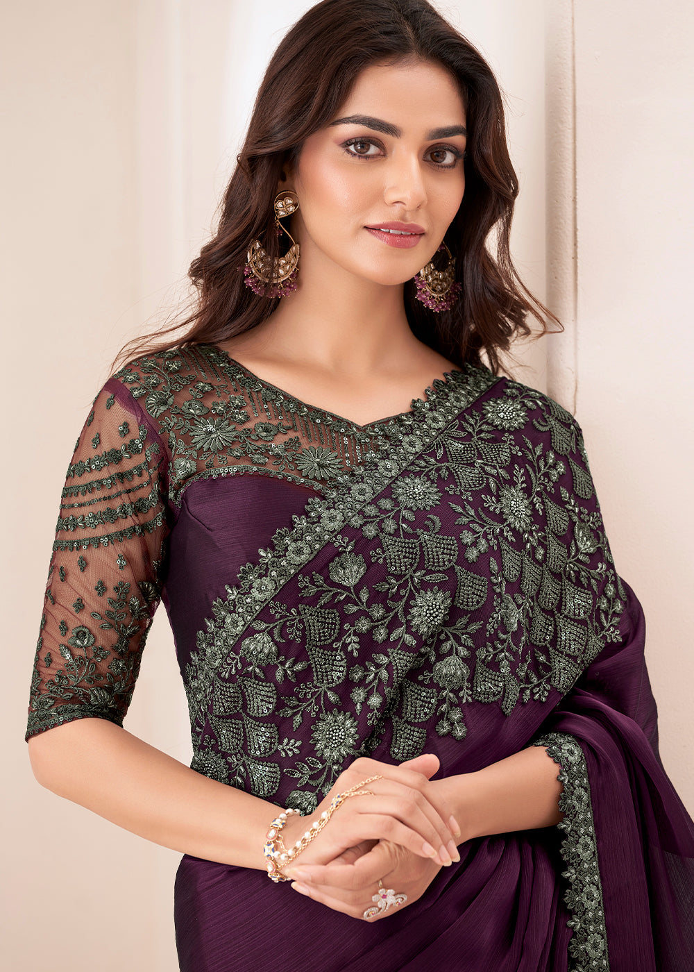 Raisin Purple Designer Embroidered Satin Chiffon Saree