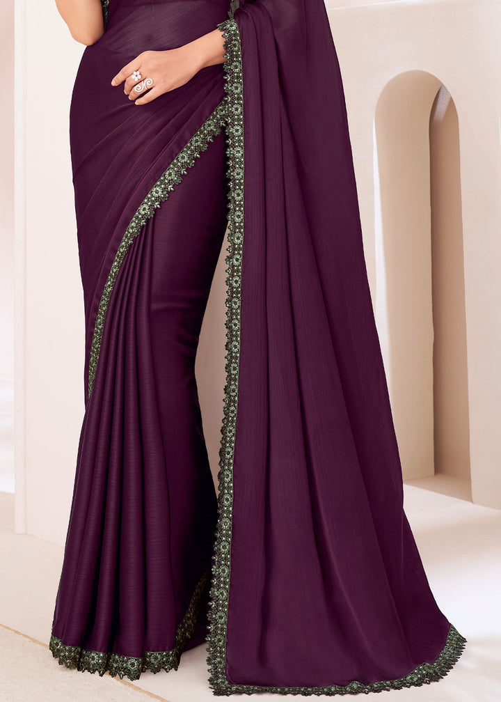 Raisin Purple Designer Embroidered Satin Chiffon Saree