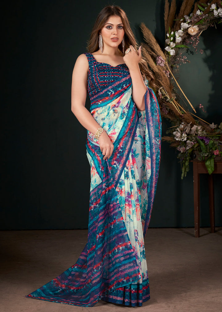 Shades Of Blue Floral Digital Printed Silk Saree with Sequence Weave