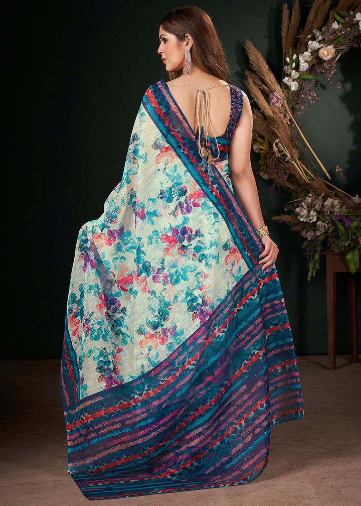 Shades Of Blue Floral Digital Printed Silk Saree with Sequence Weave