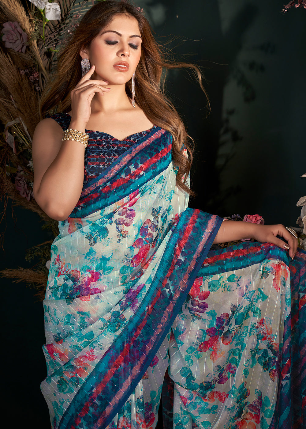 Shades Of Blue Floral Digital Printed Silk Saree with Sequence Weave