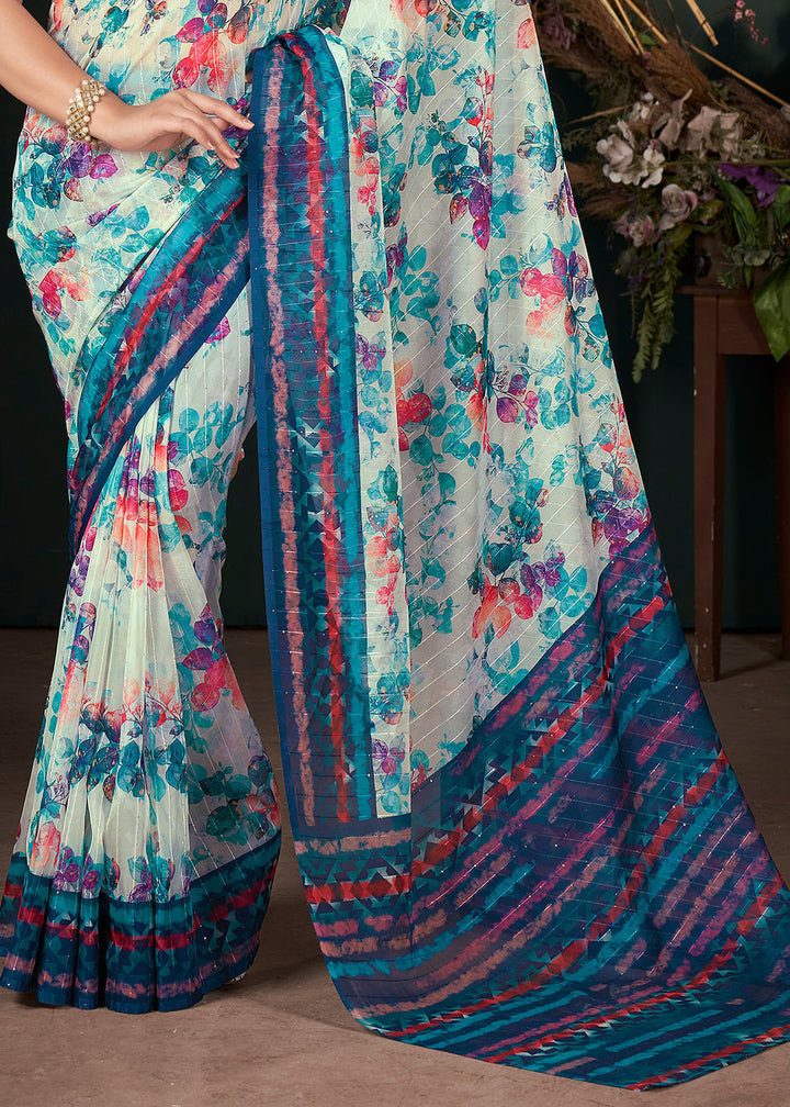 Shades Of Blue Floral Digital Printed Silk Saree with Sequence Weave